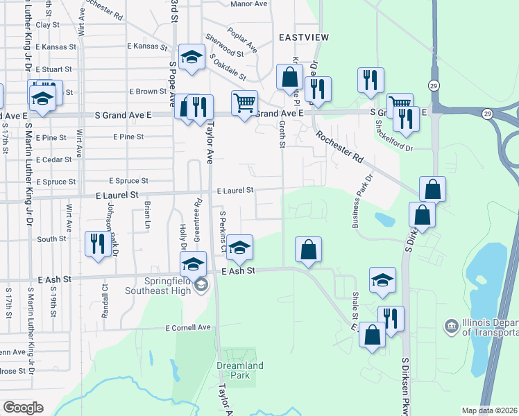 map of restaurants, bars, coffee shops, grocery stores, and more near 1800-1898 Honeysuckle Ct in Springfield