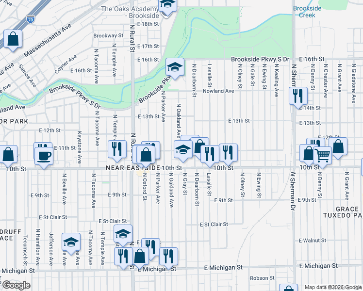 map of restaurants, bars, coffee shops, grocery stores, and more near 1109 North Oakland Avenue in Indianapolis