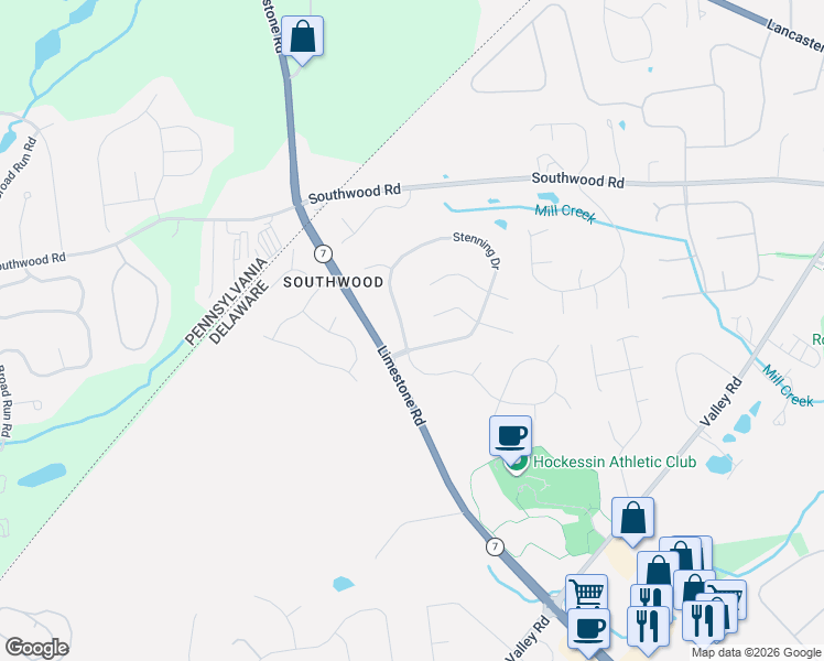 map of restaurants, bars, coffee shops, grocery stores, and more near 503 Stenning Drive in Hockessin
