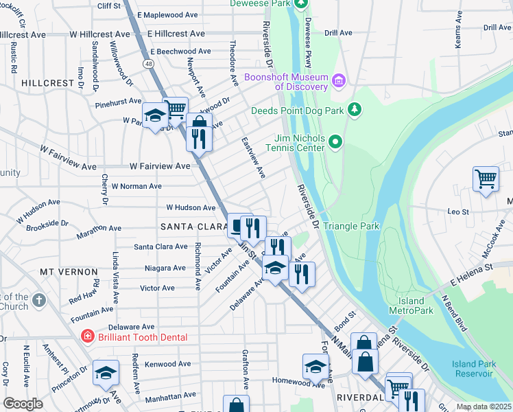 map of restaurants, bars, coffee shops, grocery stores, and more near 110 East Elmwood Avenue in Dayton