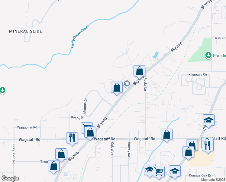 map of restaurants, bars, coffee shops, grocery stores, and more near 8585 Ridgecrest Drive in Paradise