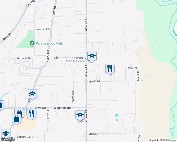 map of restaurants, bars, coffee shops, grocery stores, and more near 6820 Pentz Road in Paradise