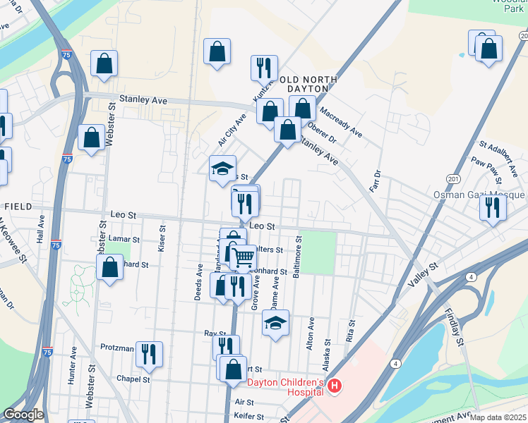 map of restaurants, bars, coffee shops, grocery stores, and more near 1600 Mack Ave in Dayton