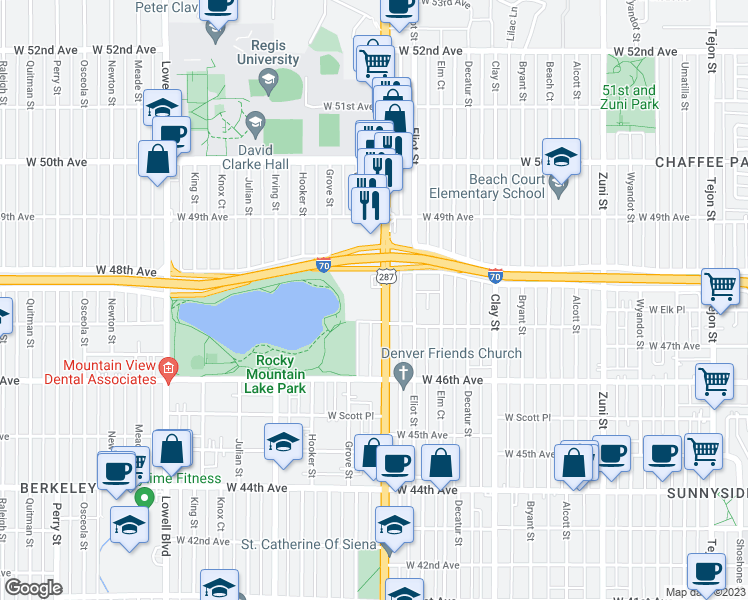 map of restaurants, bars, coffee shops, grocery stores, and more near 4745 Federal Boulevard in Denver