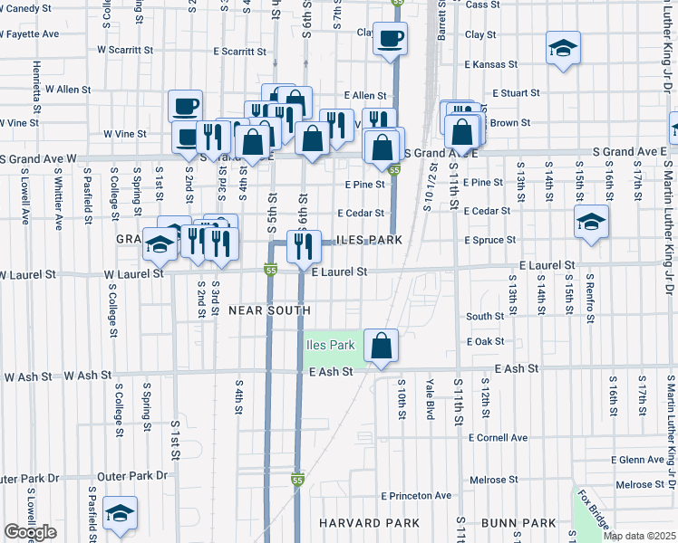 map of restaurants, bars, coffee shops, grocery stores, and more near 723 East Laurel Street in Springfield
