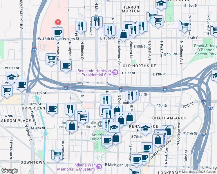map of restaurants, bars, coffee shops, grocery stores, and more near 1121 North Pennsylvania Street in Indianapolis