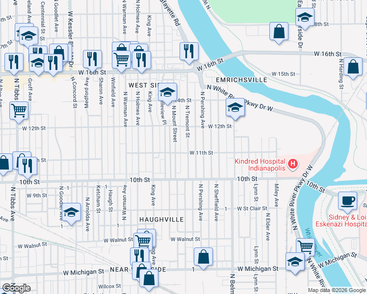map of restaurants, bars, coffee shops, grocery stores, and more near 1117 North Tremont Street in Indianapolis