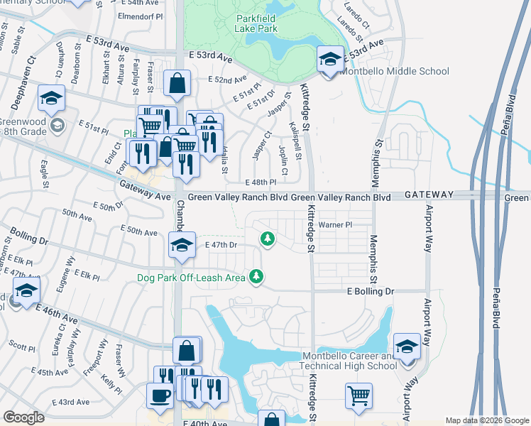 map of restaurants, bars, coffee shops, grocery stores, and more near 15732 Warner Drive in Denver