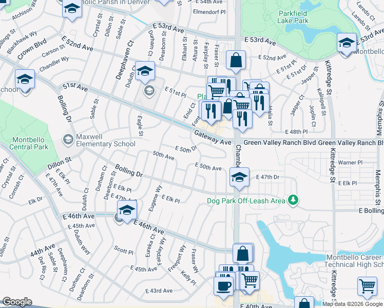map of restaurants, bars, coffee shops, grocery stores, and more near 14982 East 50th Drive in Denver