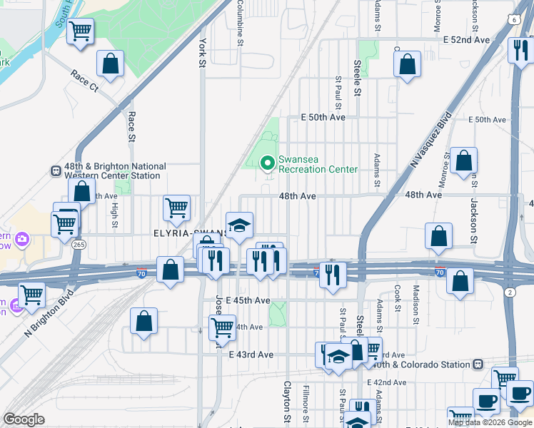 map of restaurants, bars, coffee shops, grocery stores, and more near 4750 Thompson Court in Denver