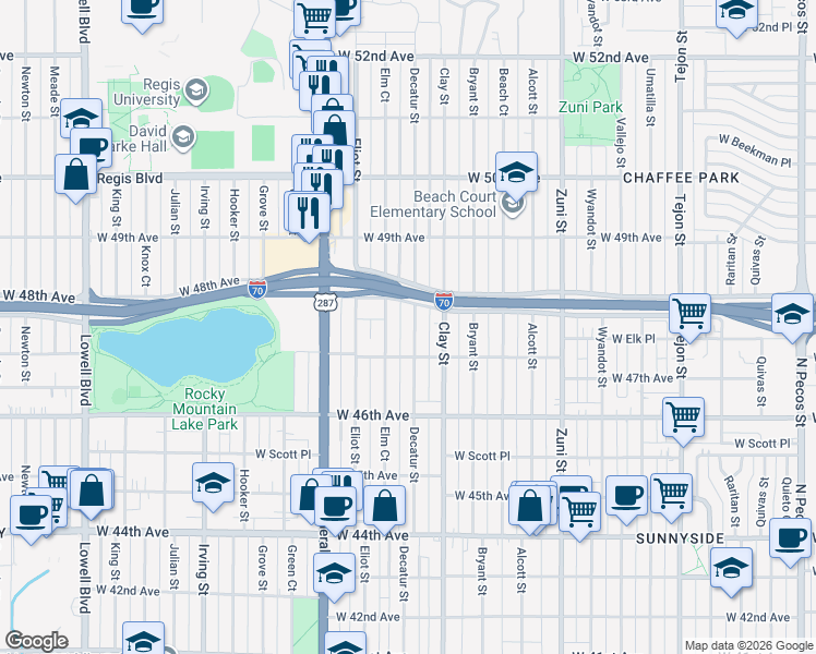 map of restaurants, bars, coffee shops, grocery stores, and more near 4736 Elm Court in Denver