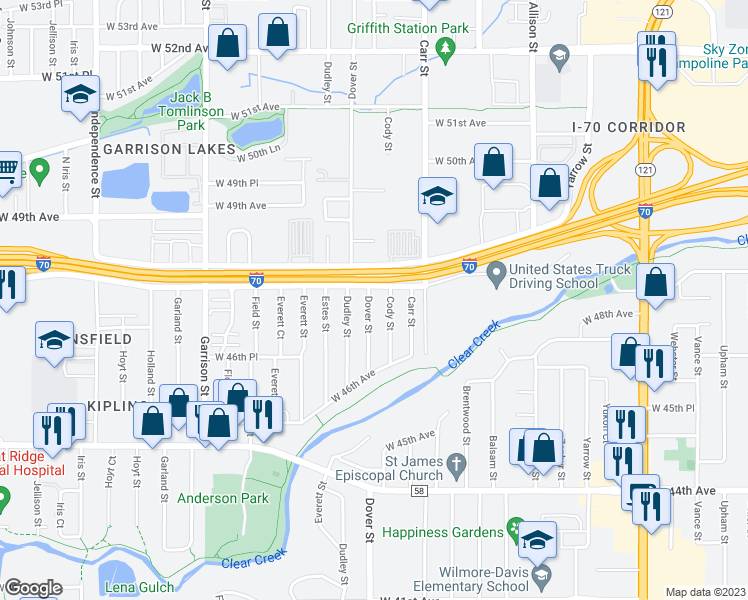 map of restaurants, bars, coffee shops, grocery stores, and more near 4776 Dover Street in Wheat Ridge