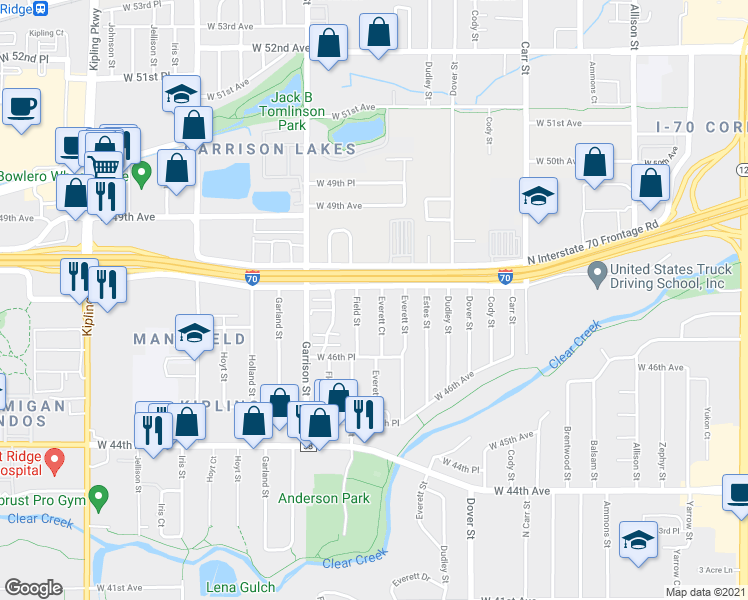 map of restaurants, bars, coffee shops, grocery stores, and more near 4753 Everett Court in Wheat Ridge