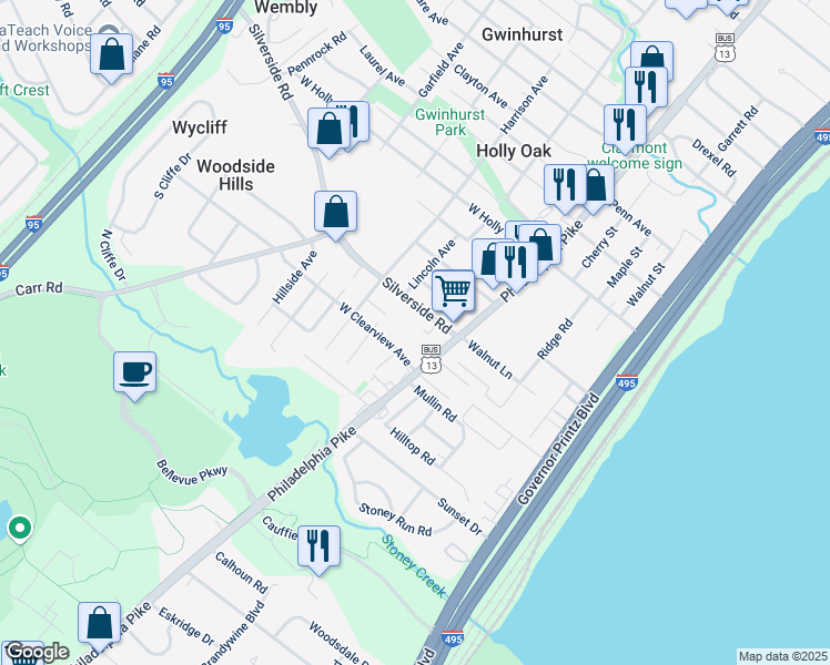 map of restaurants, bars, coffee shops, grocery stores, and more near 6 Aldee Lane in Wilmington
