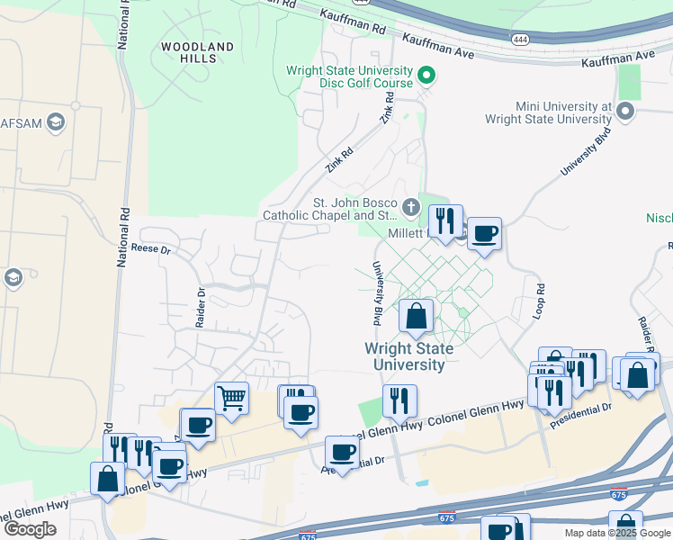 map of restaurants, bars, coffee shops, grocery stores, and more near 1232-1300 Forest Ln in Fairborn