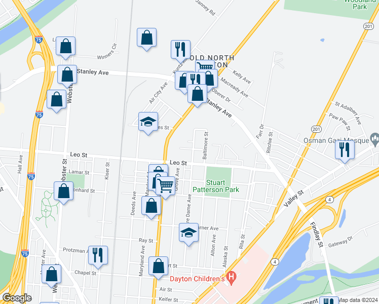 map of restaurants, bars, coffee shops, grocery stores, and more near 1600 Mack Avenue in Dayton