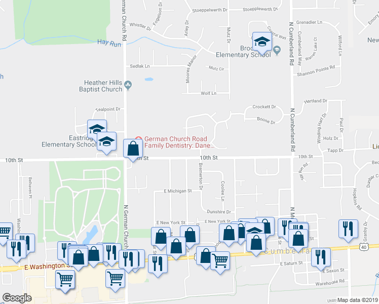 map of restaurants, bars, coffee shops, grocery stores, and more near 1032 Pine Mountain Way in Indianapolis