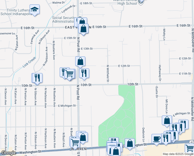 map of restaurants, bars, coffee shops, grocery stores, and more near 9100 East 10th Street in Indianapolis