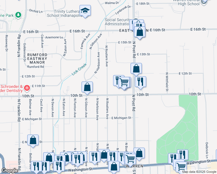 map of restaurants, bars, coffee shops, grocery stores, and more near 1045 North Routiers Avenue in Indianapolis