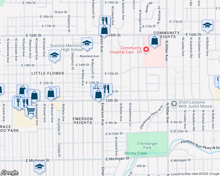 map of restaurants, bars, coffee shops, grocery stores, and more near 1114 North Leland Avenue in Indianapolis