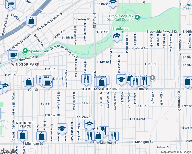 map of restaurants, bars, coffee shops, grocery stores, and more near 1112 North Rural Street in Indianapolis