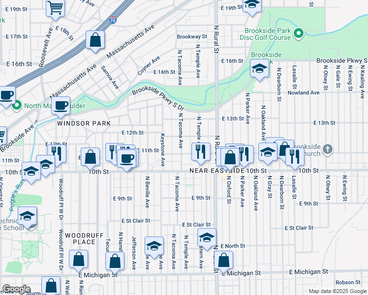 map of restaurants, bars, coffee shops, grocery stores, and more near 1115 North Tacoma Avenue in Indianapolis