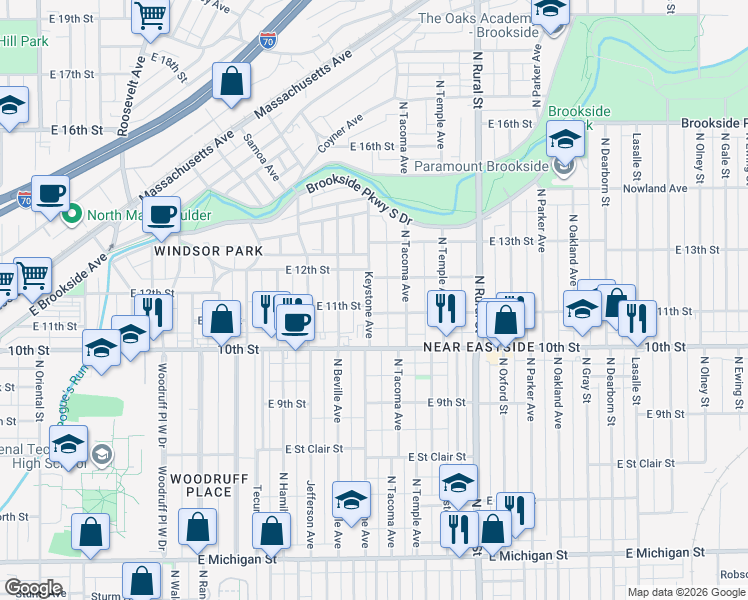 map of restaurants, bars, coffee shops, grocery stores, and more near 1117 Keystone Avenue in Indianapolis