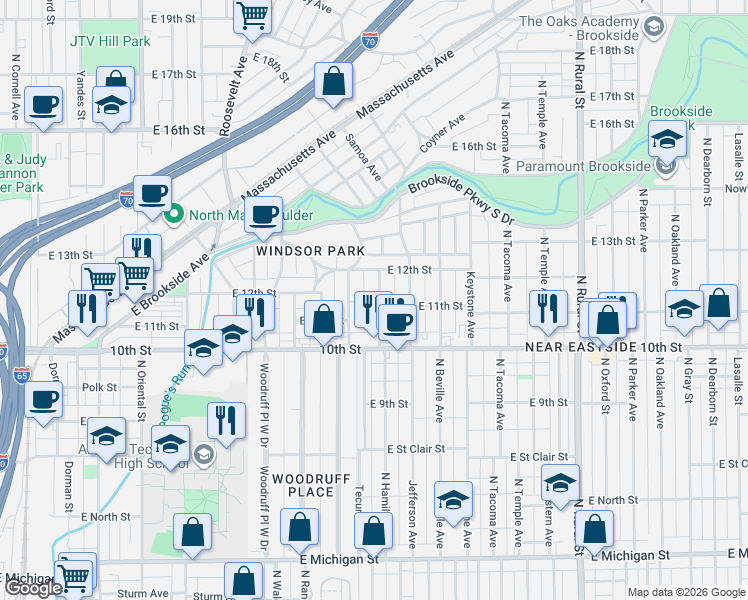 map of restaurants, bars, coffee shops, grocery stores, and more near 1106 North Hamilton Avenue in Indianapolis