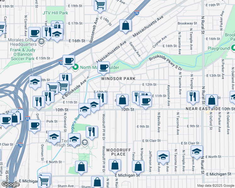 map of restaurants, bars, coffee shops, grocery stores, and more near 1119 Sterling Street in Indianapolis