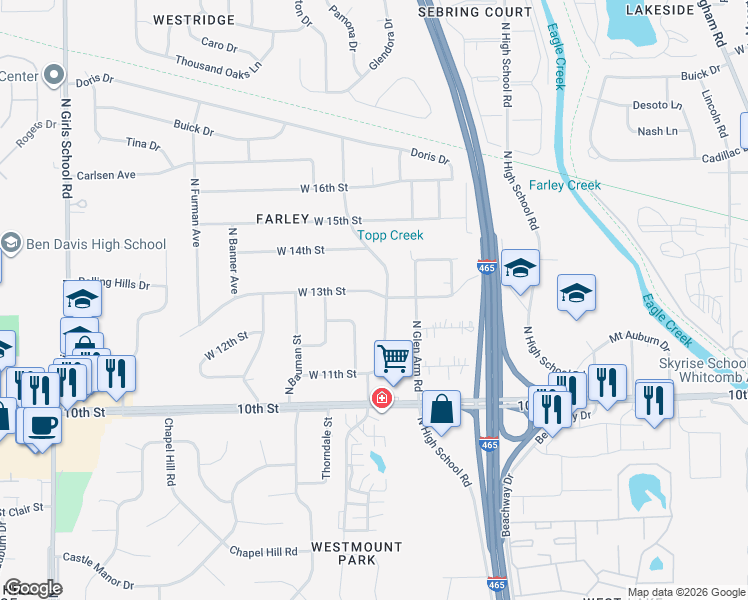 map of restaurants, bars, coffee shops, grocery stores, and more near 6503 West 13th Street in Indianapolis