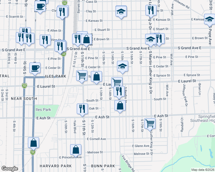 map of restaurants, bars, coffee shops, grocery stores, and more near 1800-1898 South 14th Street in Springfield