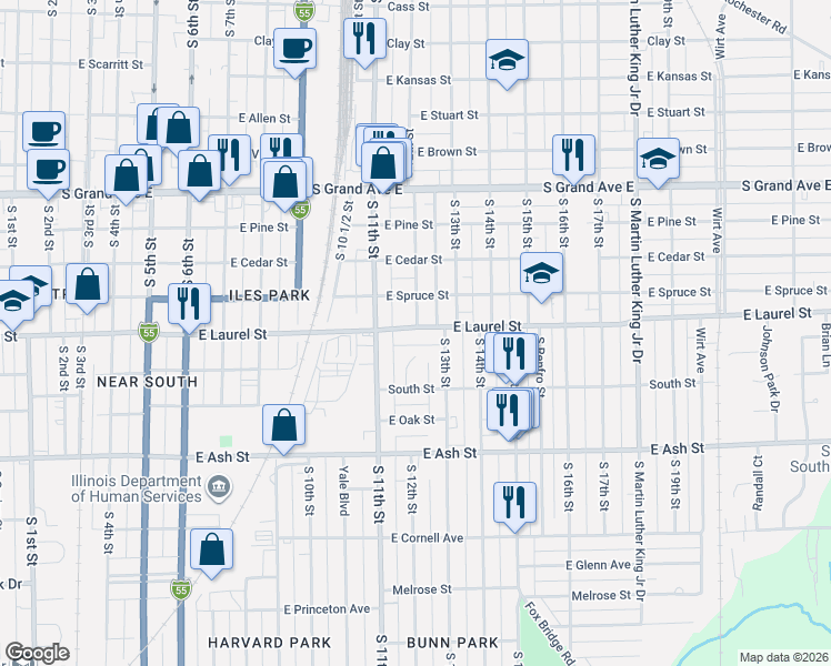 map of restaurants, bars, coffee shops, grocery stores, and more near 1124 East Laurel Street in Springfield