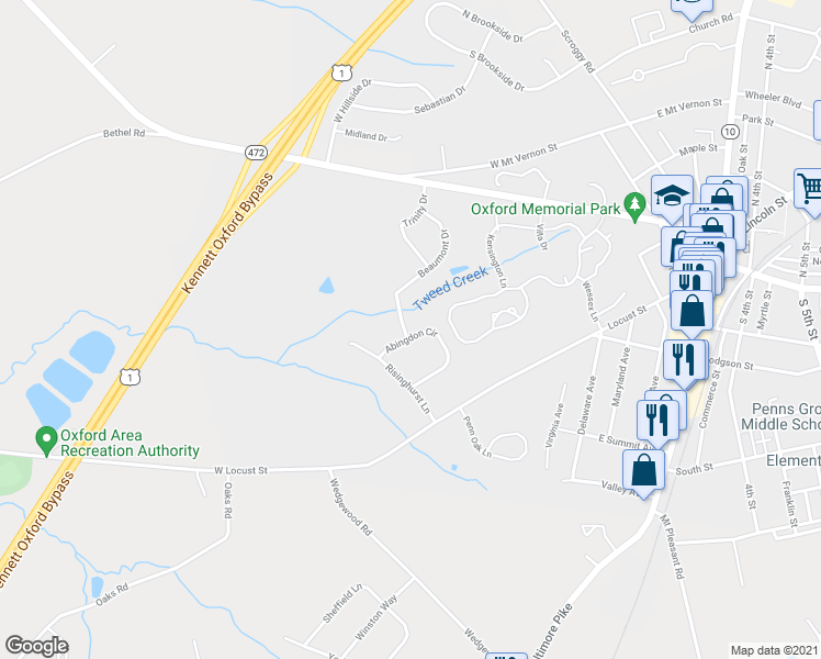 map of restaurants, bars, coffee shops, grocery stores, and more near 612 Abingdon Circle in Oxford