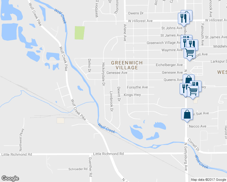 map of restaurants, bars, coffee shops, grocery stores, and more near 1808 Linnbrook Dr in Dayton