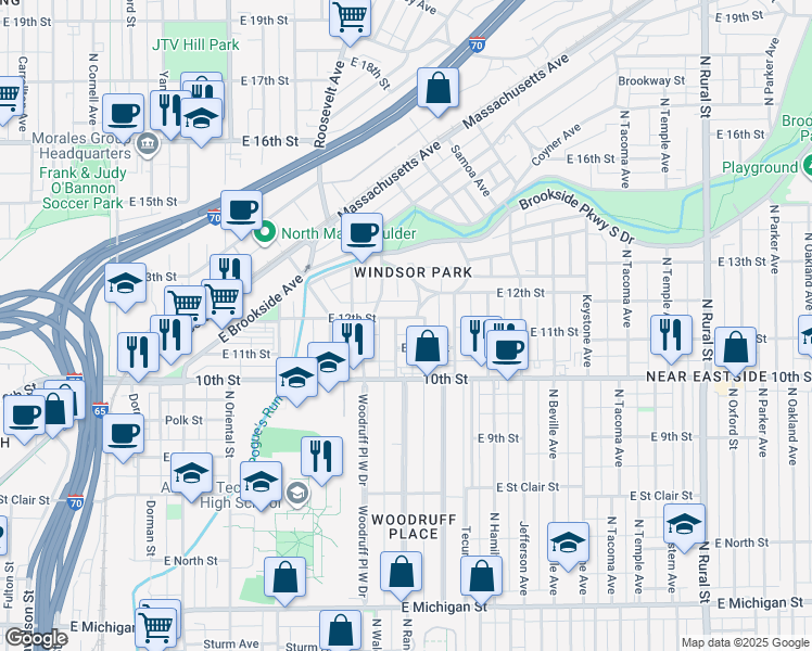 map of restaurants, bars, coffee shops, grocery stores, and more near 1119 Sterling Street in Indianapolis