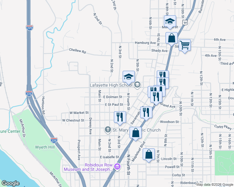 map of restaurants, bars, coffee shops, grocery stores, and more near 2110 North 3rd Street in Saint Joseph