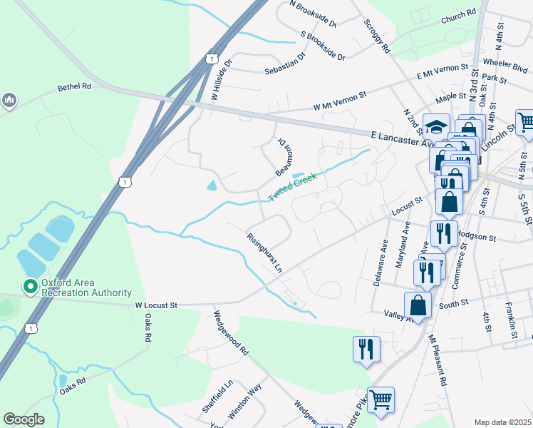 map of restaurants, bars, coffee shops, grocery stores, and more near 612 Abingdon Circle in Oxford