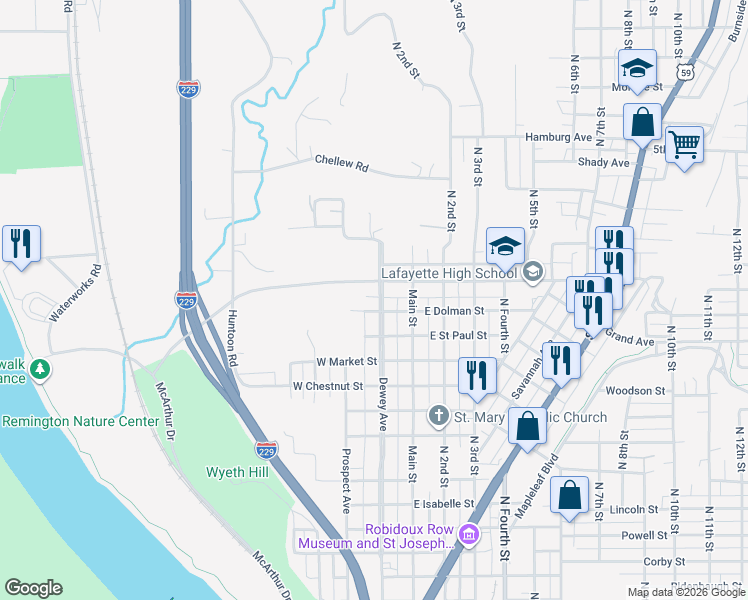 map of restaurants, bars, coffee shops, grocery stores, and more near 2108 Dewey Avenue in Saint Joseph