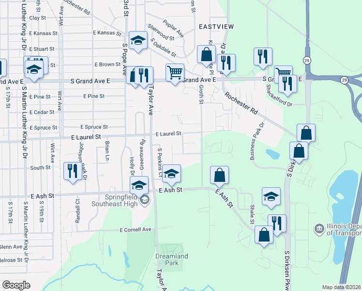 map of restaurants, bars, coffee shops, grocery stores, and more near 1844 Witchazel Drive in Springfield