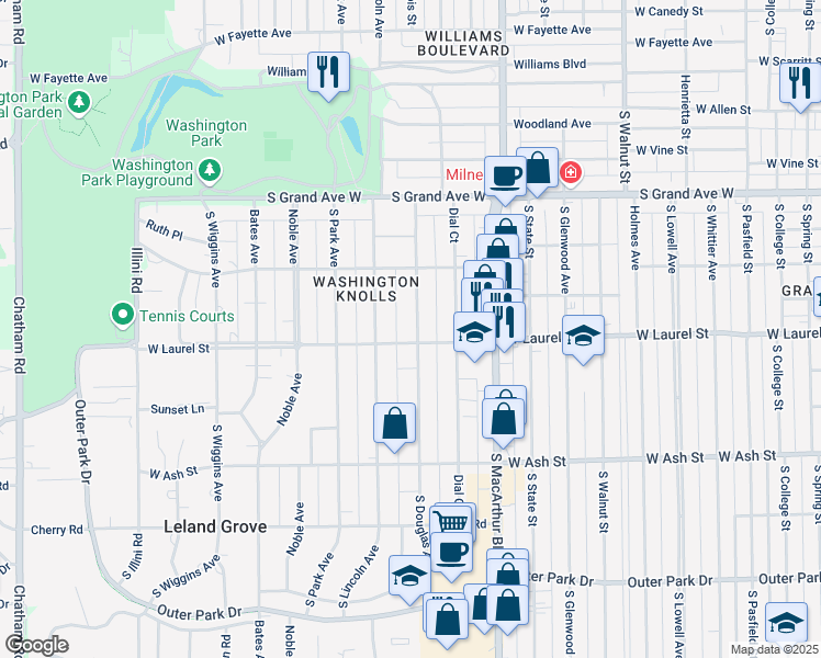 map of restaurants, bars, coffee shops, grocery stores, and more near 1621 South Douglas Avenue in Springfield