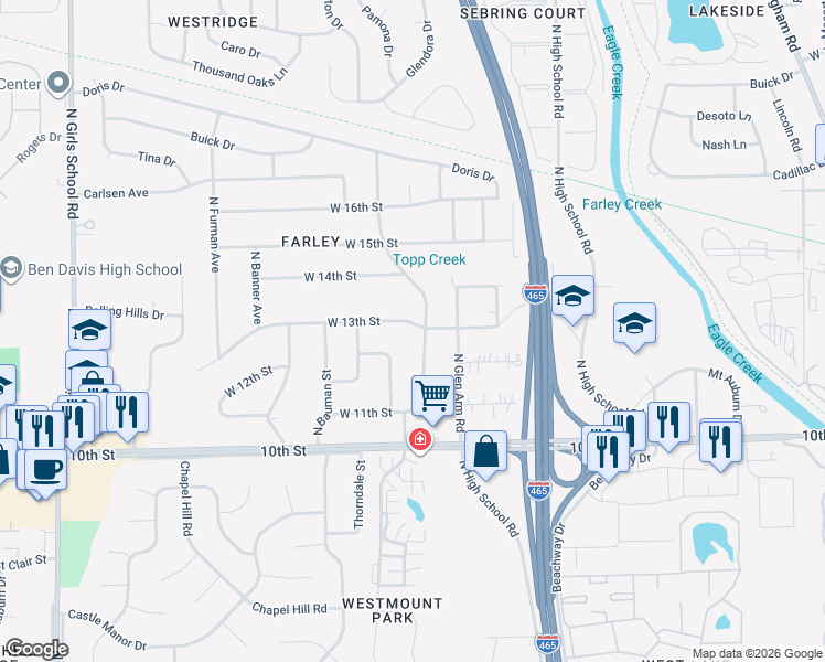 map of restaurants, bars, coffee shops, grocery stores, and more near 6503 West 13th Street in Indianapolis