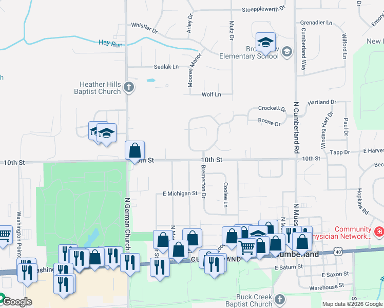 map of restaurants, bars, coffee shops, grocery stores, and more near 1032 Pine Mountain Way in Indianapolis