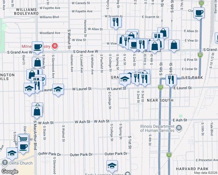 map of restaurants, bars, coffee shops, grocery stores, and more near 319 West Laurel Street in Springfield