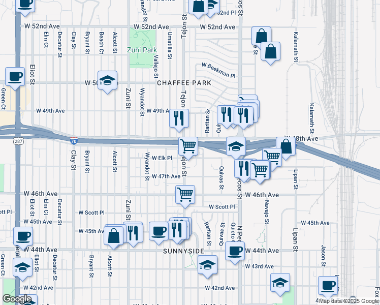 map of restaurants, bars, coffee shops, grocery stores, and more near 4750 Tejon Street in Denver