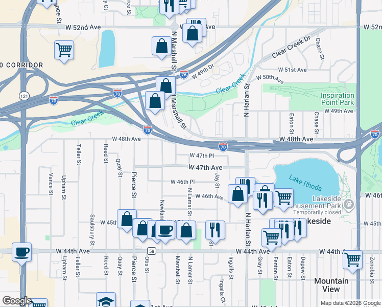 map of restaurants, bars, coffee shops, grocery stores, and more near 6397 West 47th Place in Wheat Ridge