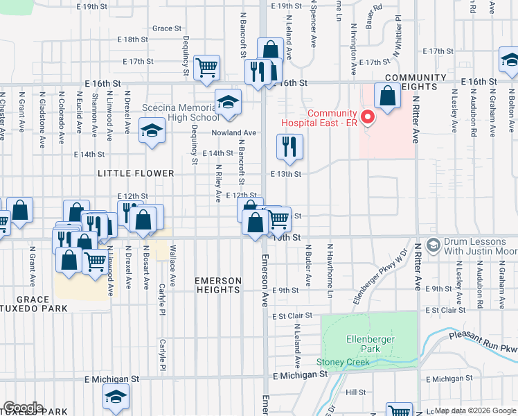 map of restaurants, bars, coffee shops, grocery stores, and more near 1116 North Emerson Avenue in Indianapolis