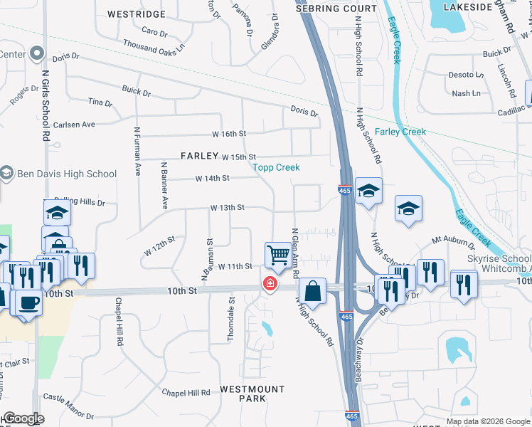 map of restaurants, bars, coffee shops, grocery stores, and more near 6503 West 13th Street in Indianapolis