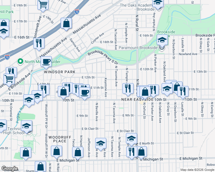map of restaurants, bars, coffee shops, grocery stores, and more near 1117 Keystone Avenue in Indianapolis