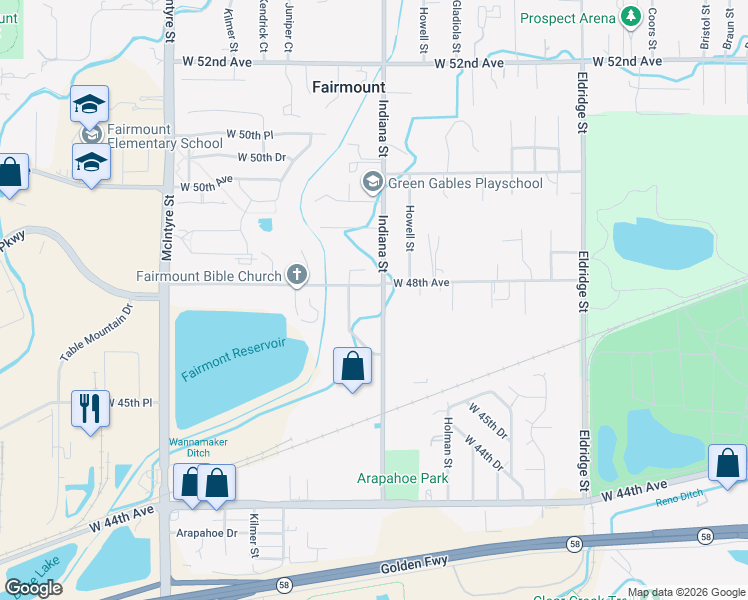 map of restaurants, bars, coffee shops, grocery stores, and more near 4780 Isabell Street in Golden