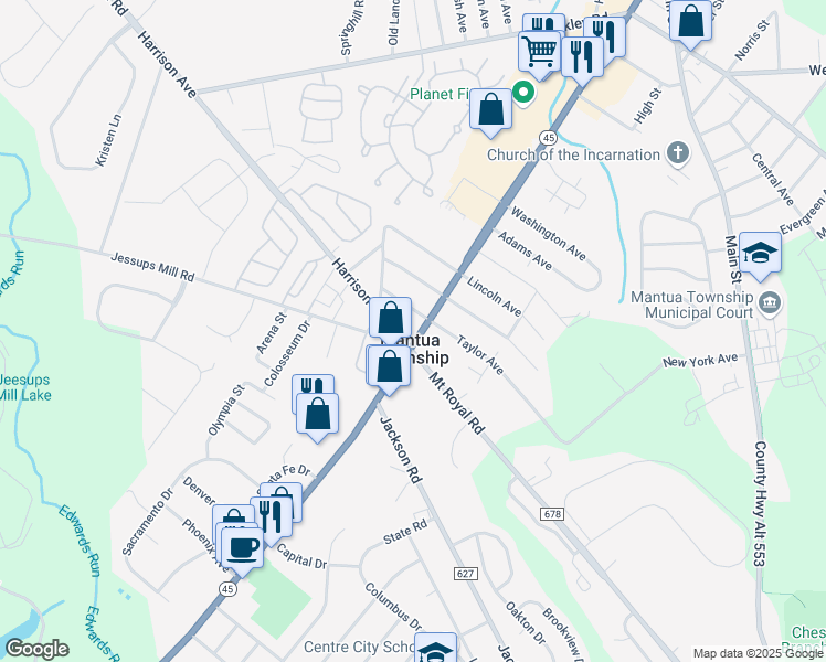 map of restaurants, bars, coffee shops, grocery stores, and more near 396 North Bridgeton Pike in Mantua Township